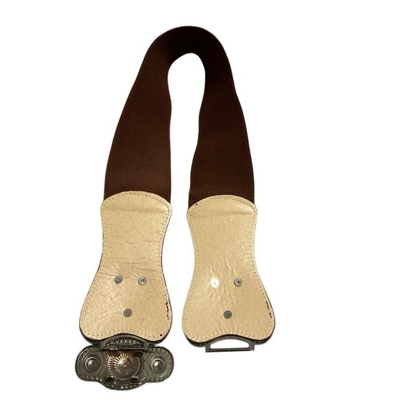 Cool vintage looking metal stretch antique buckle belt, brown and brushed gold main image 8